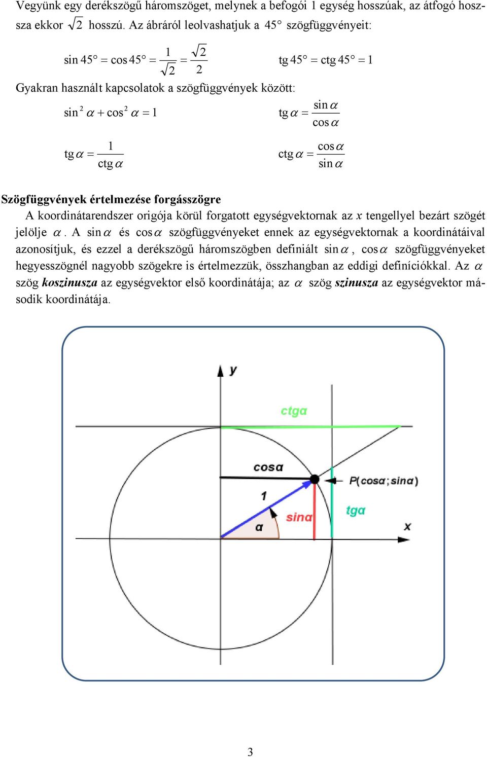 tengellyel bezárt szögét jelölje α A sin α és cos α szögfüggvényeket ennek az egységvektornak a koordinátáival azonosítjuk, és ezzel a derékszögű háromszögben definiált sin α, cos α