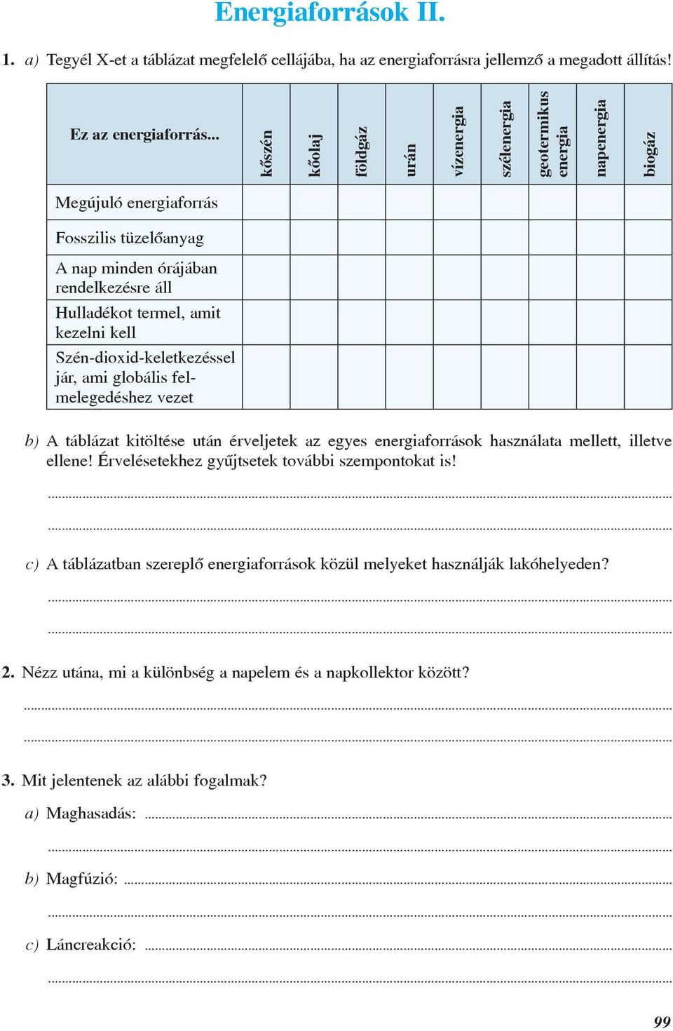 kezelni kell Szén-dioxid-keletkezéssel jár, ami globális felmelegedéshez vezet b) A táblázat kitöltése után érveljetek az egyes energiaforrások használata mellett, illetve ellene!