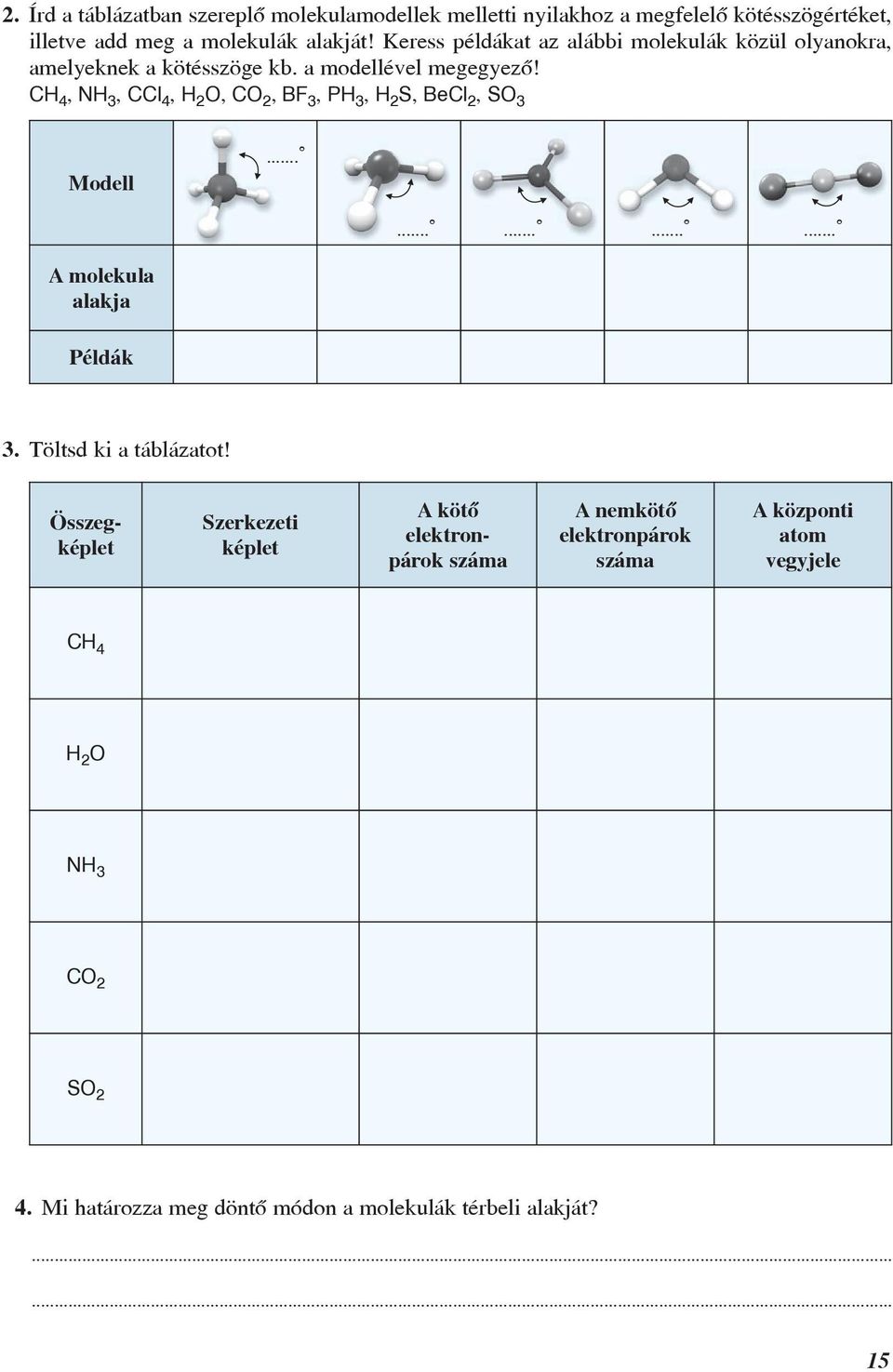 ... CH 4, NH 3, CCl 4, H 2 O, CO 2, BF 3, PH 3, H 2 S, BeCl 2, SO 3 Modell............... A molekula alakja Példák 3. Töltsd ki a táblázatot!