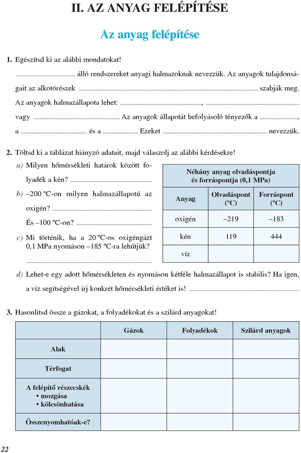 Töltsd ki a táblázat hiányzó adatait, majd válaszolj az alábbi kérdésekre! a) Milyen hõmérsékleti határok között folyadék a kén?... b) 200 ºC-on milyen halmazállapotú az oxigén?... És 100 ºC-on?
