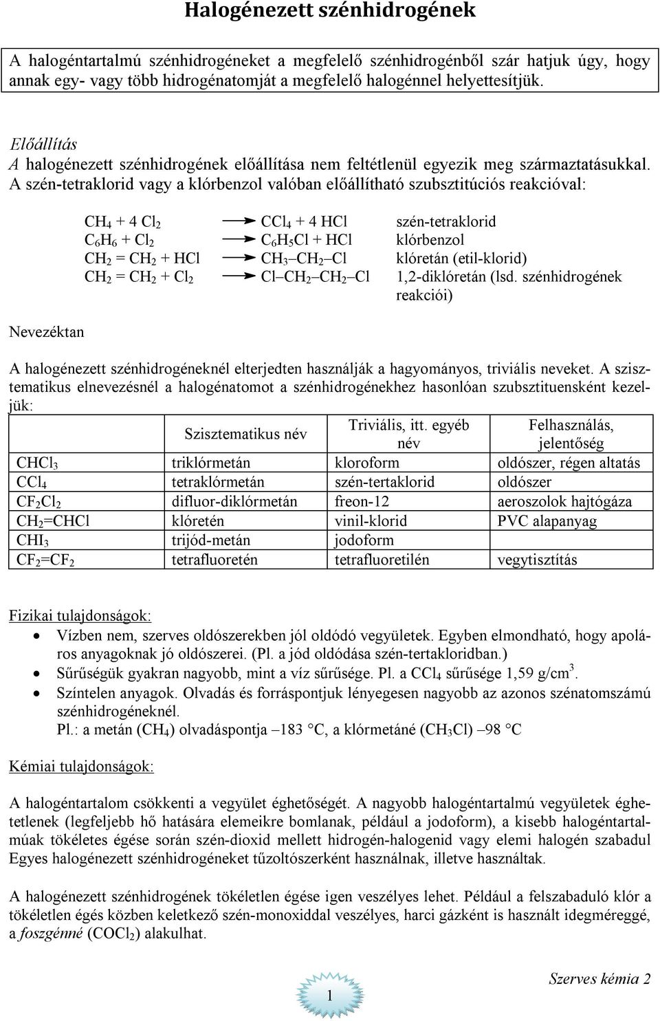 A szén-tetraklorid vagy a klórbenzol valóban előállítható szubsztitúciós reakcióval: Nevezéktan 4 + 4 l 2 l 4 + 4 l szén-tetraklorid 6 6 + l 2 6 5 l + l klórbenzol 2 = 2 + l 3 2 l klóretán