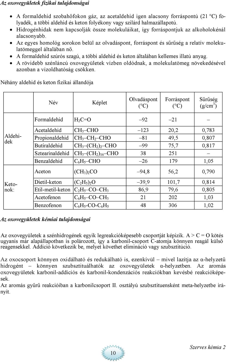 Az egyes homológ sorokon belül az olvadáspont, forráspont és sűrűség a relatív molekulatömeggel általában nő. A formaldehid szúrós szagú, a többi aldehid és keton általában kellemes illatú anyag.