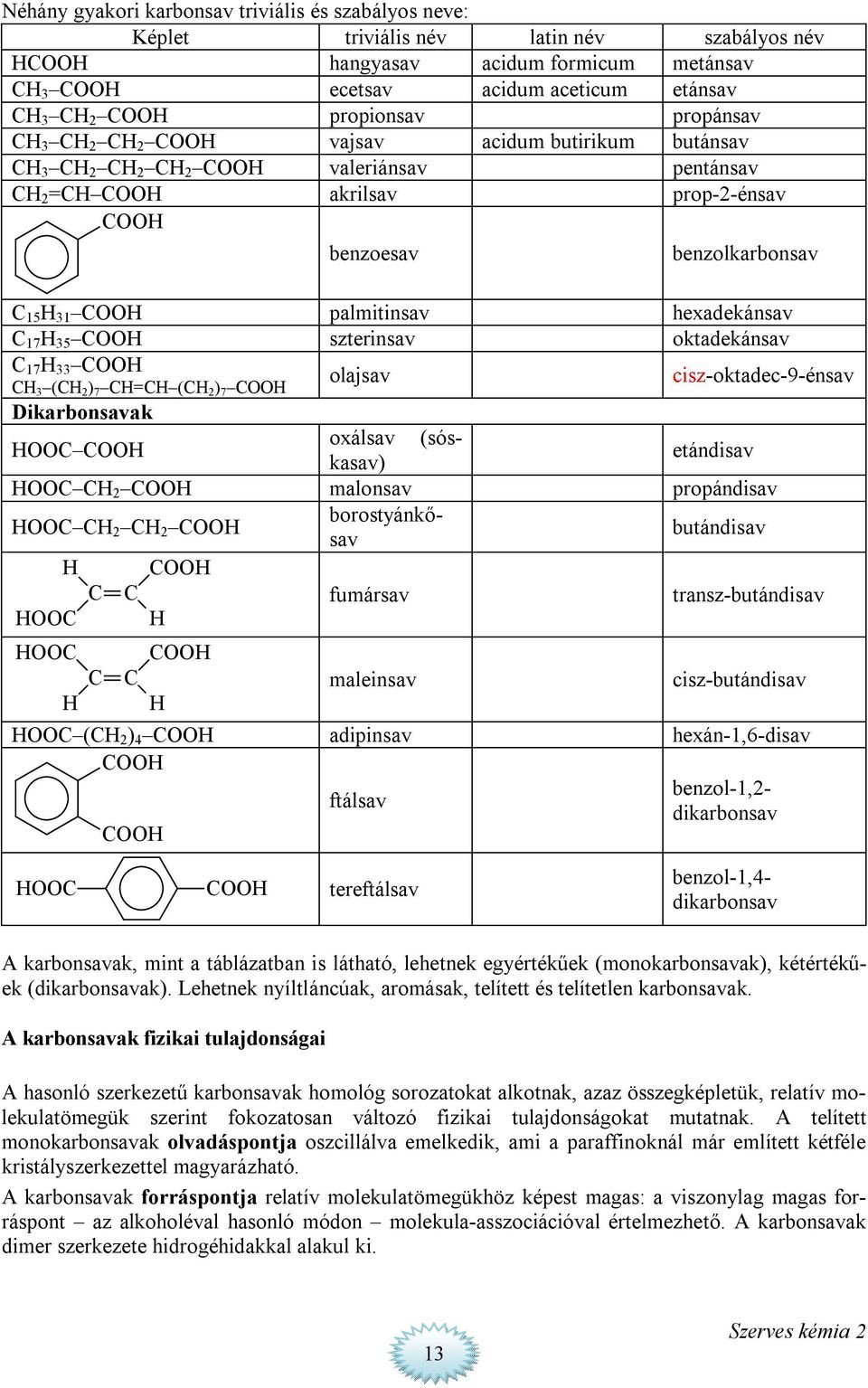 oktadekánsav 17 33 3 ( 2 ) 7 = ( 2 ) 7 olajsav cisz-oktadec-9-énsav Dikarbonsavak oxálsav (sóskasav) etándisav 2 malonsav propándisav 2 2 borostyánkősav butándisav fumársav transz-butándisav ( 2 ) 4