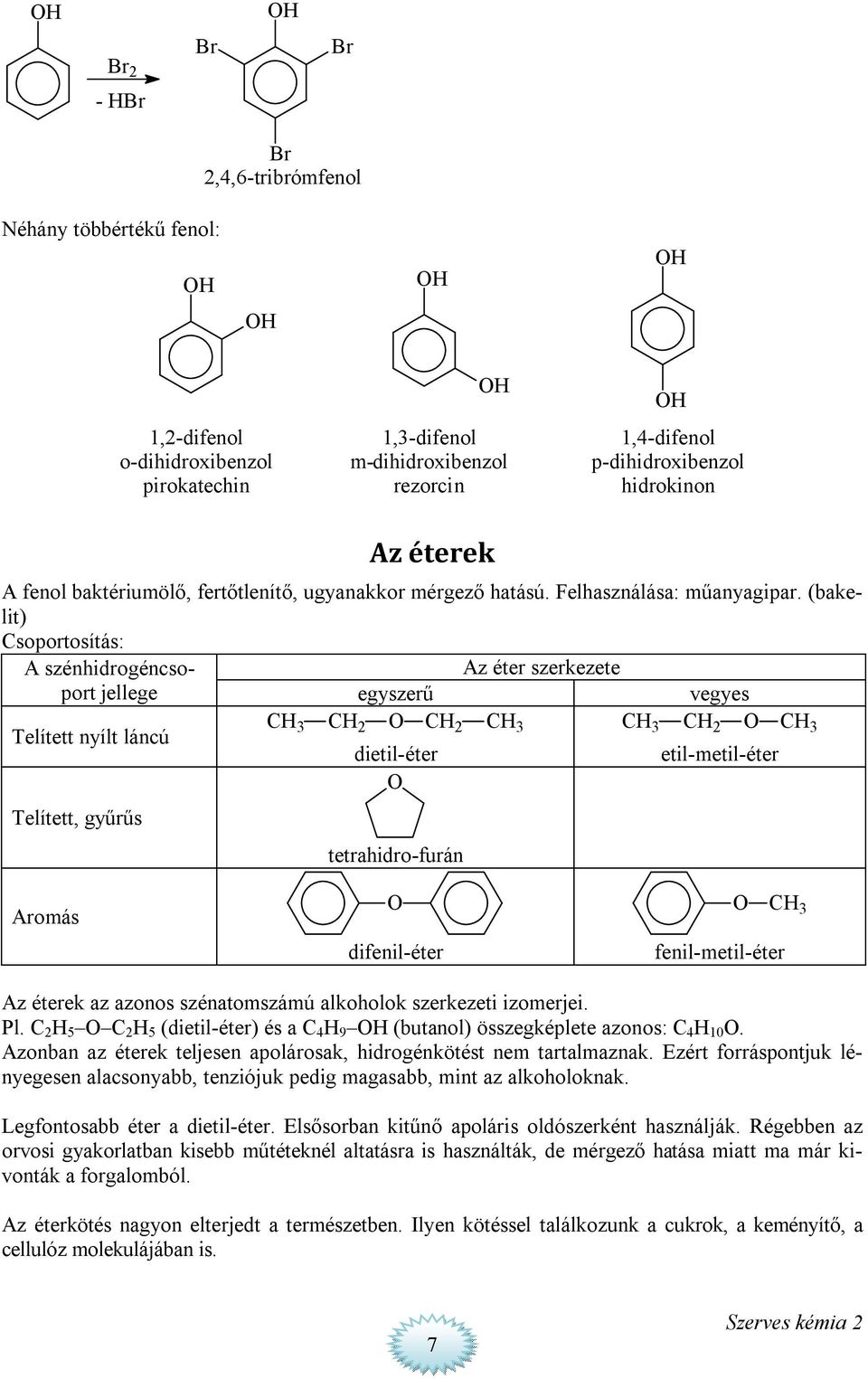 (bakelit) soportosítás: A szénhidrogéncsoport jellege egyszerű vegyes Az éter szerkezete 3 2 2 3 3 2 3 Telített nyílt láncú dietil-éter etil-metil-éter Telített, gyűrűs tetrahidro-furán Aromás