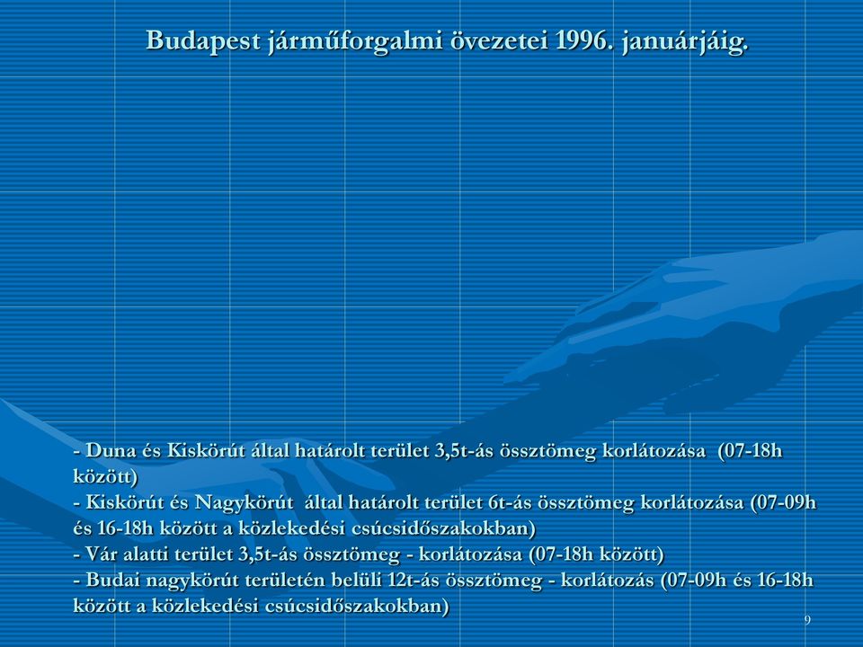 által határolt terület 6t-ás össztömeg korlátozása (07-09h és 16-18h között a közlekedési csúcsidőszakokban) - Vár