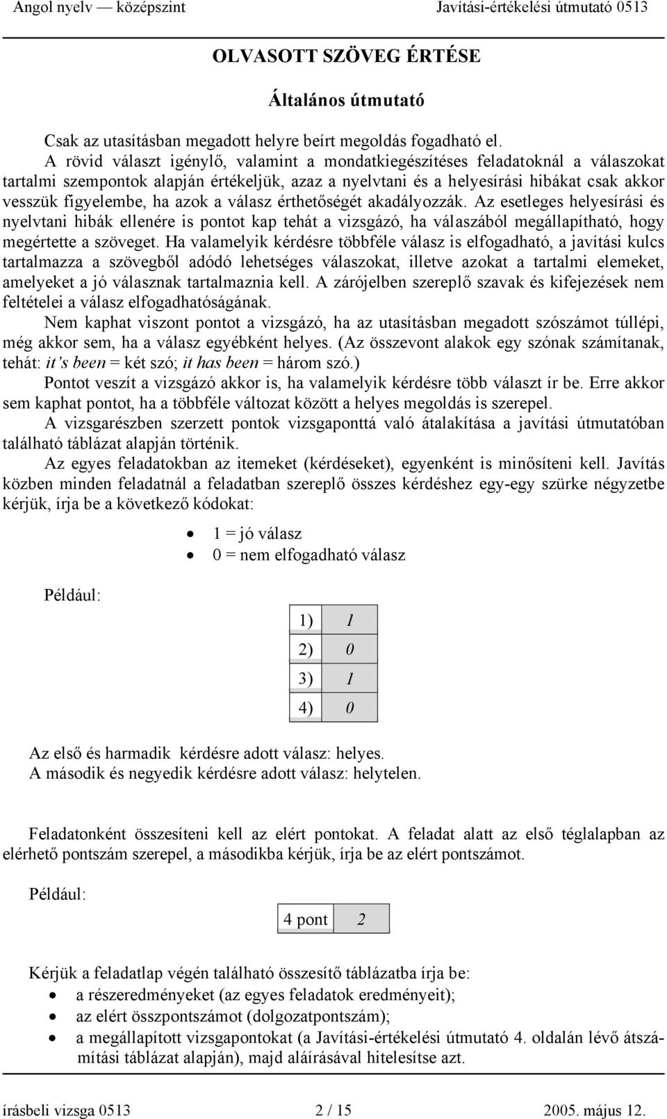 azok a válasz érthetőségét akadályozzák. Az esetleges helyesírási és nyelvtani hibák ellenére is pontot kap tehát a vizsgázó, ha válaszából megállapítható, hogy megértette a szöveget.