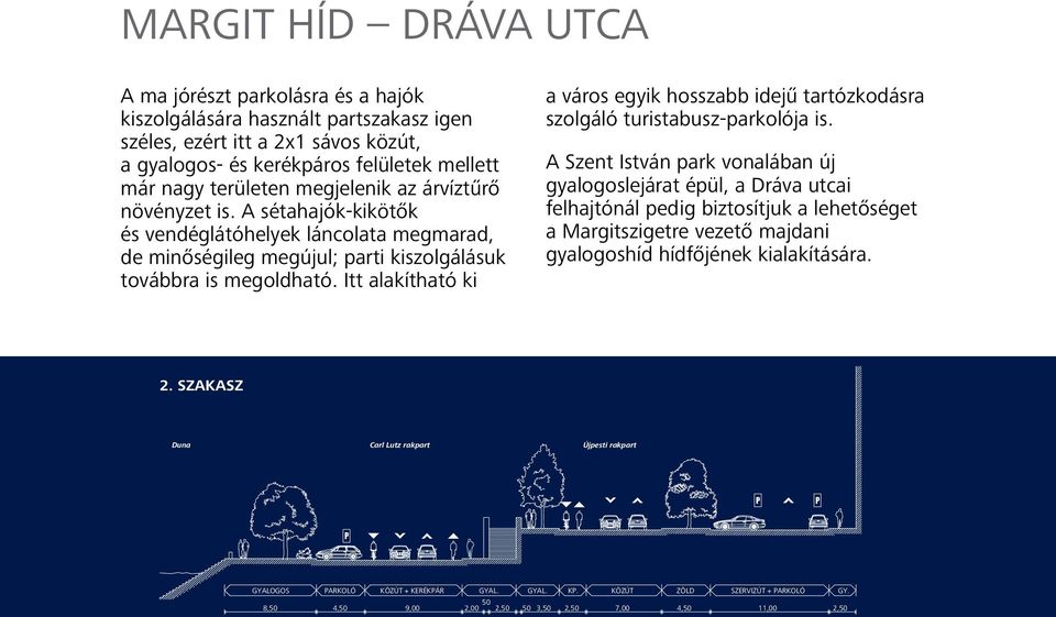 az árvíztűrő P növényzet is. A sétahajók-kikötők és vendéglátóhelyek láncolata megmarad, de minőségileg megújul; parti kiszolgálásuk továbbra is megoldható.