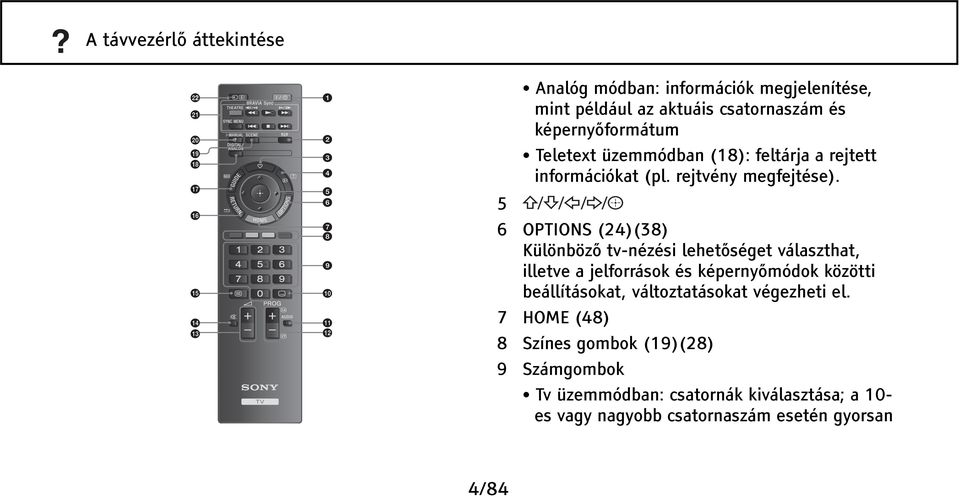 5 6 OPTIONS (24)(38) Különböző tv-nézési lehetőséget választhat, illetve a jelforrások és képernyőmódok közötti beállításokat,