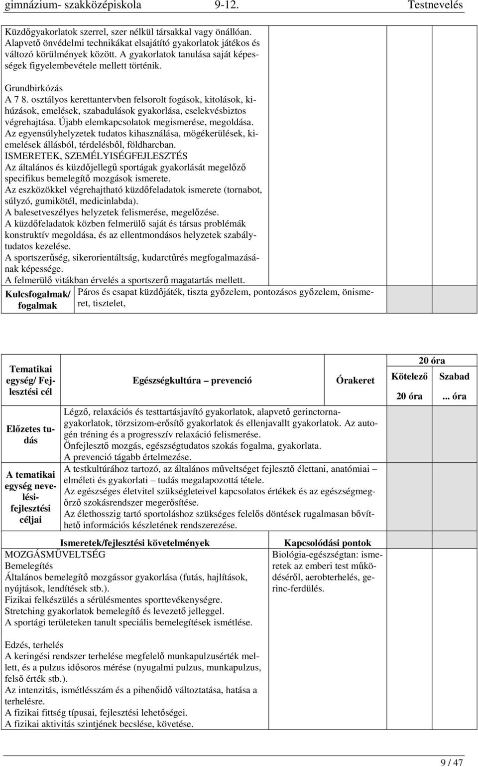 osztályos kerettantervben felsorolt fogások, kitolások, kihúzások, emelések, szabadulások gyakorlása, cselekvésbiztos végrehajtása. Újabb elemkapcsolatok megismerése, megoldása.