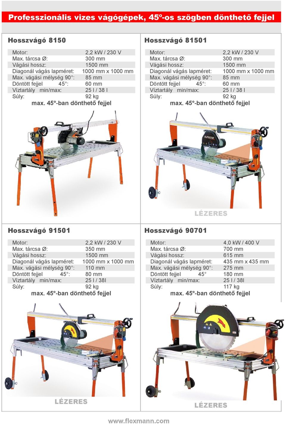tárcsa Ø: 300 mm 1500 mm Diagonál vágás lapméret: 1000 mm x 1000 mm Max. vágási mélység 90 : 85 mm Döntött fejjel 45 : 60 mm Víztartály min/max: 25 l / 38 l 92 kg max.