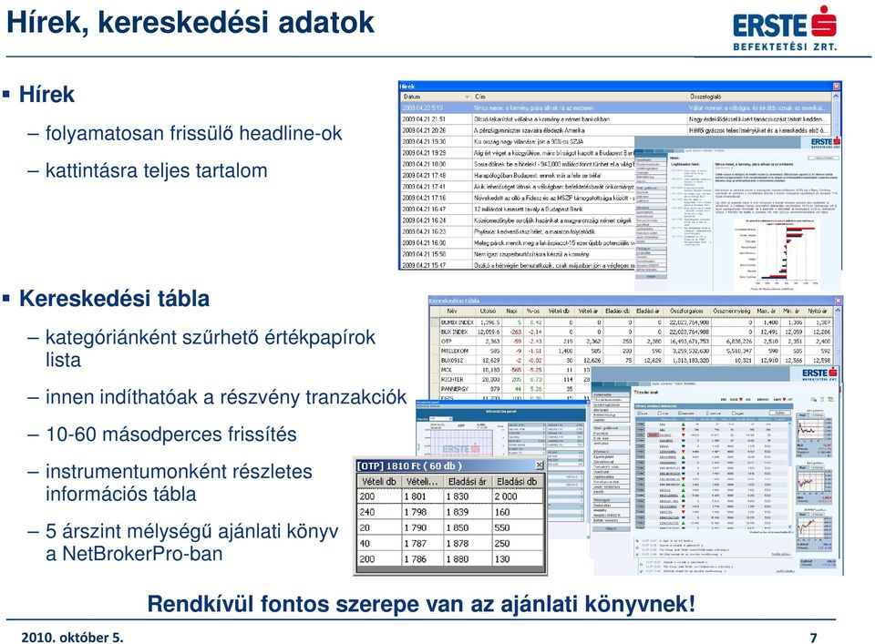 tranzakciók 10-60 másodperces frissítés instrumentumonként részletes információs tábla 5 árszint