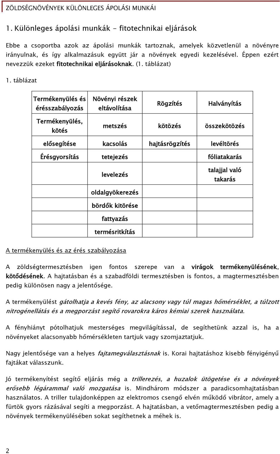 táblázat Termékenyülés és érésszabályozás Növényi részek eltávolítása Rögzítés Halványítás Termékenyülés, kötés metszés kötözés összekötözés elősegítése kacsolás hajtásrögzítés levéltörés