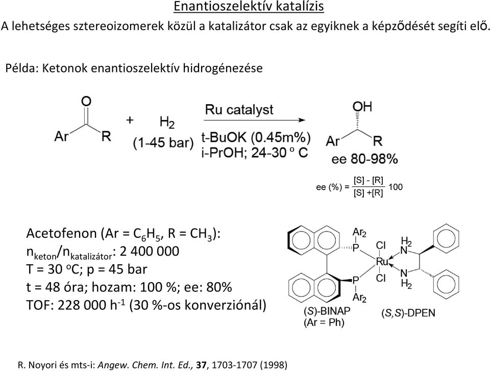 Példa: Ketonok enantioszelektív hidrogénezése Acetofenon(Ar= C 6 H 5, R = CH 3 ): n keton /n