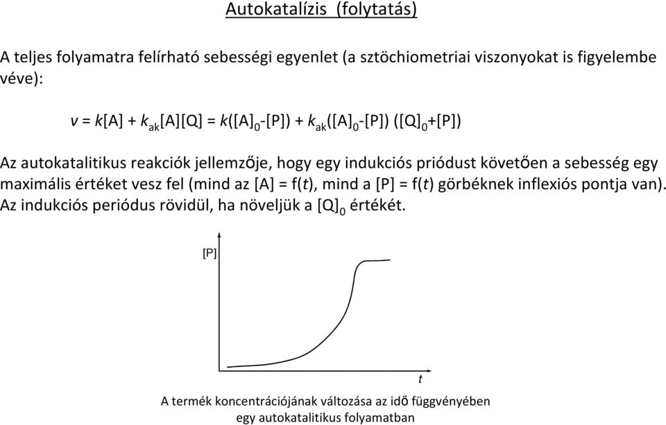 priódustkövetıen a sebesség egy maximális értéket vesz fel (mind az [A] = f(t), mind a [P] = f(t) görbéknek inflexiós pontja van).