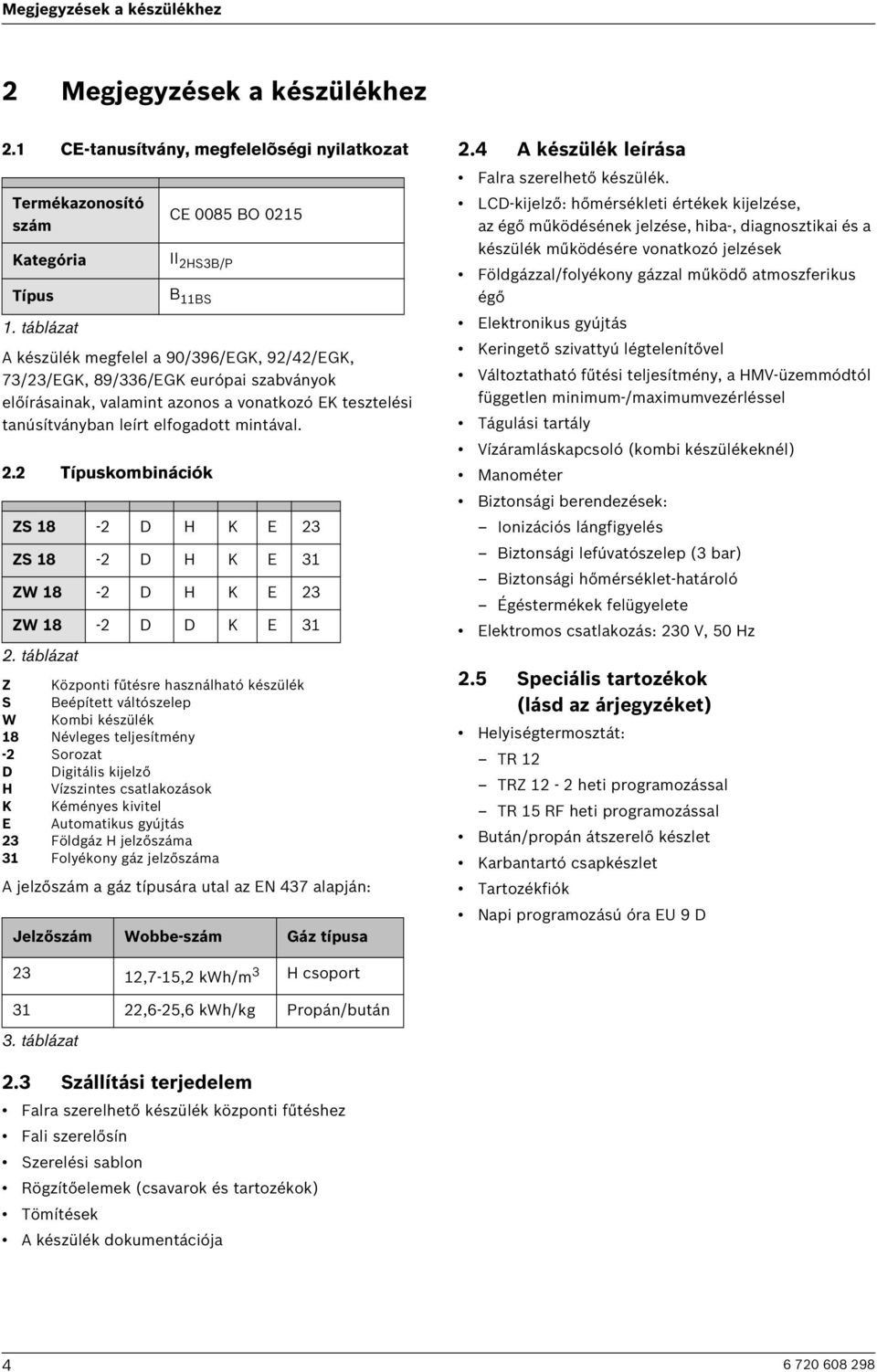 2 Típuskombinációk CE 0085 BO 0215 II 2HS3B/P B 11BS ZS 18-2 D H K E 23 ZS 18-2 D H K E 31 ZW 18-2 D H K E 23 ZW 18-2 D D K E 31 2.