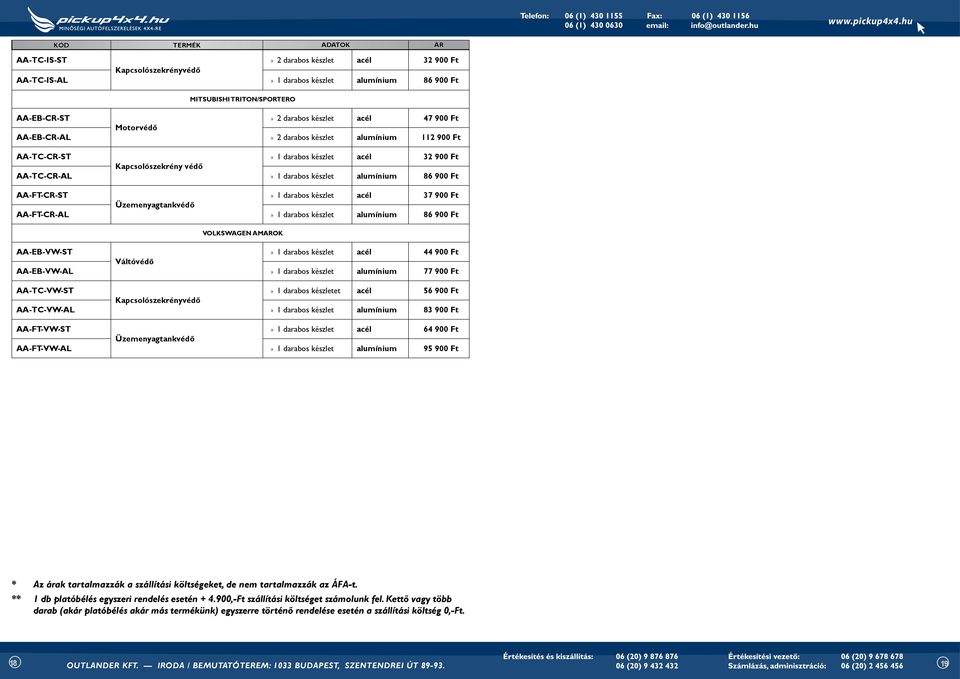 1 darabos készlet acél 37 900 Ft Üzemenyagtankvédő AA-FT-CR-AL 1 darabos készlet alumínium 86 900 Ft VOLKSWAGEN AMAROK AA-EB-VW-ST 1 darabos készlet acél 44 900 Ft Váltóvédő AA-EB-VW-AL 1 darabos