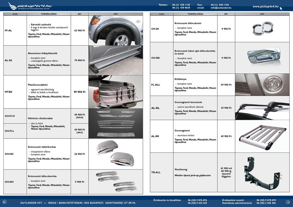 Hűtőrács díszberakás 49 900 Ft (felső) AL-RL autóra szerelhető változat 39 900 Ft CH-FI-l alsó és felső Toyota, Ford, Mazda, Mitsubishi, Nissan 49 900 Ft (alsó) AL-RR Csomagtartó alumínium kivitel 49