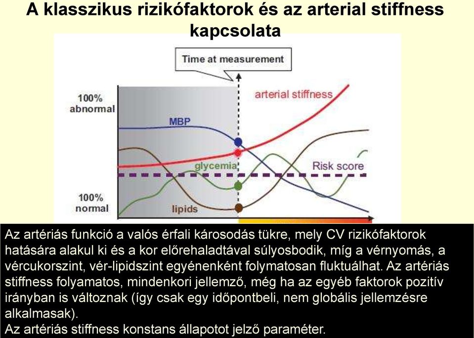 Az artériás stiffness folyamatos, mindenkori jellemző, még ha az egyéb faktorok pozitív irányban is változnak (így csak egy időpontbeli, nem