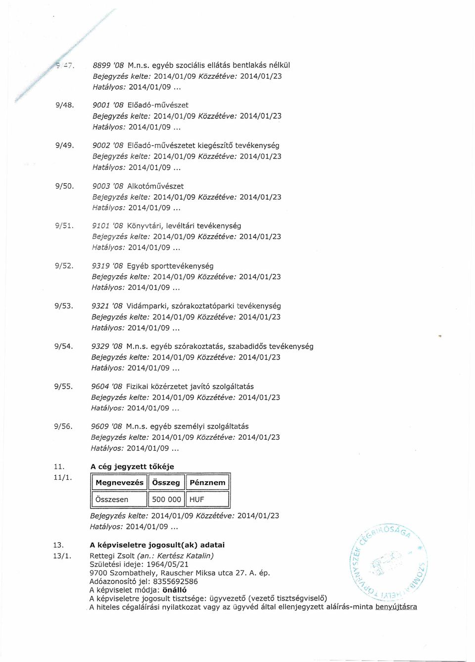 sporttevékenység 9321 '08 Vidámparki, szórakoztatóparki tevékenység 9329 '08 M.n.s. egyéb szórakoztatás, szabadidős tevékenység 9604 '08 Fizikai közérzetet javító szolgáltatás 9609 '08 M.n.s. egyéb személyi szolgáltatás A cég jegyzett tőkéje I Megnevezés II Összeg II Pénznem I I Összesen 11500 000 II HUF I 13.