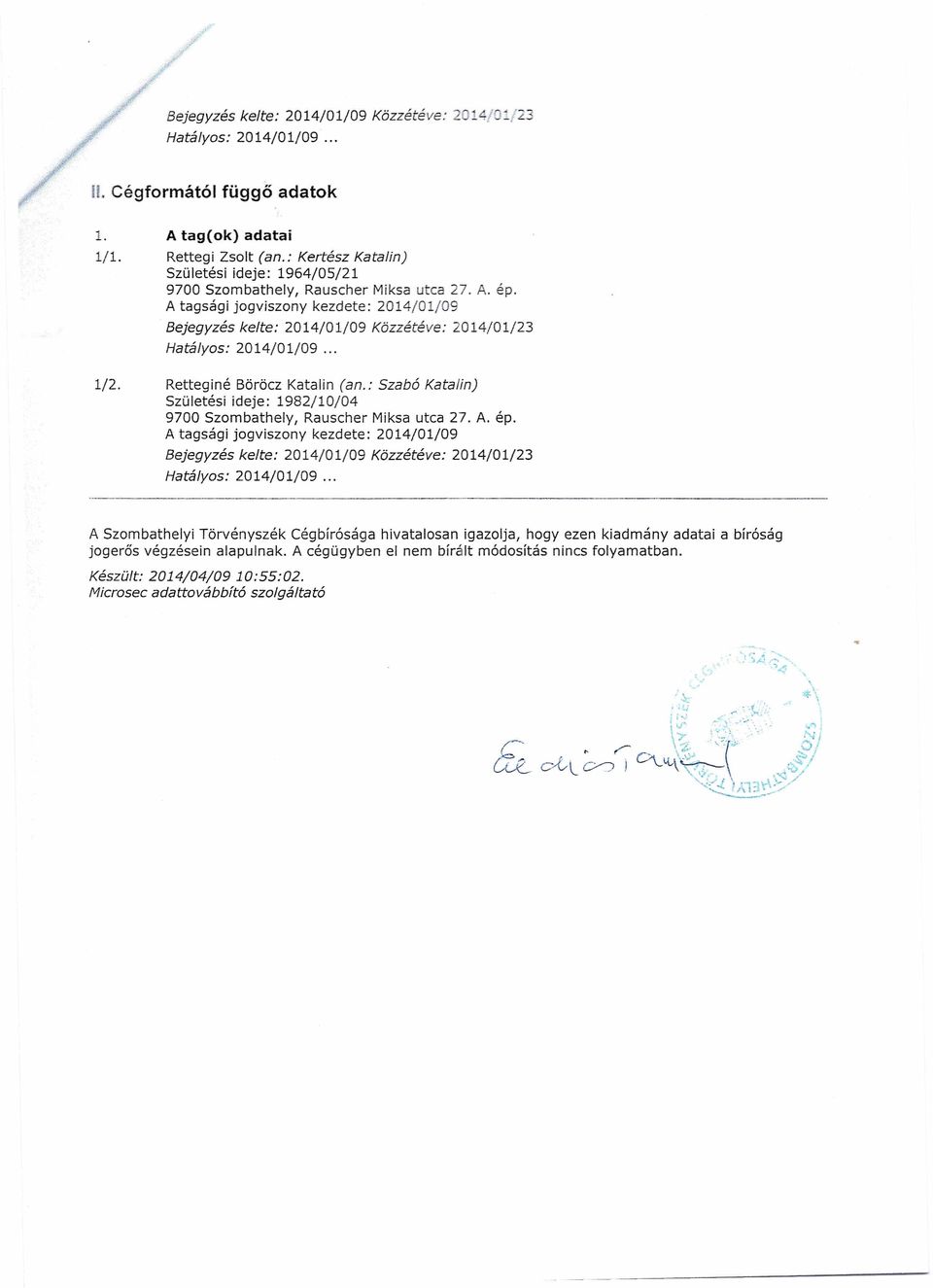 : Szabó Kata/in) Születési ideje: 1982/10/04 A tagsági jogviszony kezdete: 2014/01/09 A Szombathelyi Törvényszék Cégbírósága hivatalosan