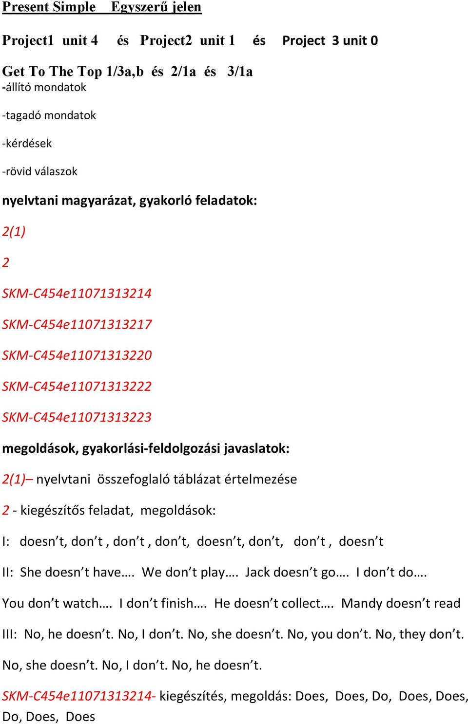 nyelvtani összefoglaló táblázat értelmezése 2 - kiegészítős feladat, megoldások: I: doesn t, don t, don t, don t, doesn t, don t, don t, doesn t II: She doesn t have. We don t play. Jack doesn t go.