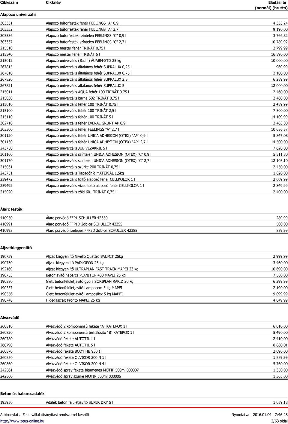 "C" 2,7 l Alapozó mester fehér TRINÁT 0,75 l Alapozó mester fehér TRINÁT 5 l Alapozó univerzális (Bachl) ÁUABM-STD 25 kg Alapozó univerzális általános fehér SUPRALUX 0,25 l Alapozó univerzális