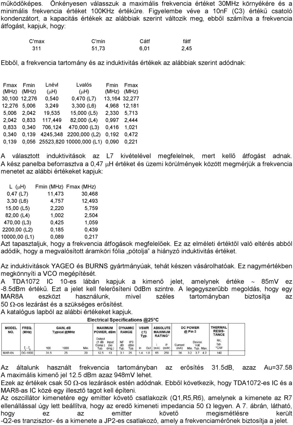 2,45 Ebből, a frekvencia tartomány és az induktivitás értékek az alábbiak szerint adódnak: Fmax Fmin Lnévl Lvalós Fmin Fmax (MHz) (MHz) (µh) (µh) (MHz) (MHz) 30,100 12,276 0,540 0,470 (L7) 13,164