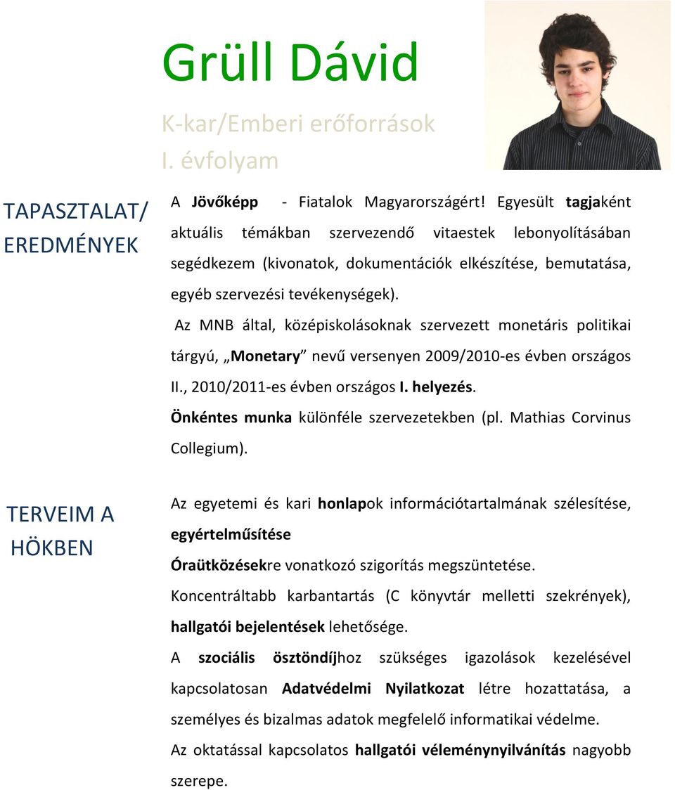 Az MNB által, középiskolásoknak szervezett monetáris politikai tárgyú, Monetary nevű versenyen 2009/2010-es évben országos II., 2010/2011-es évben országos I. helyezés.
