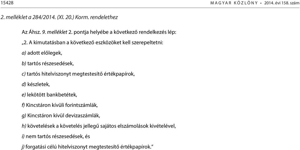 A kimutatásban a következő eszközöket kell szerepeltetni: a) adott előlegek, b) tartós részesedések, c) tartós hitelviszonyt megtestesítő