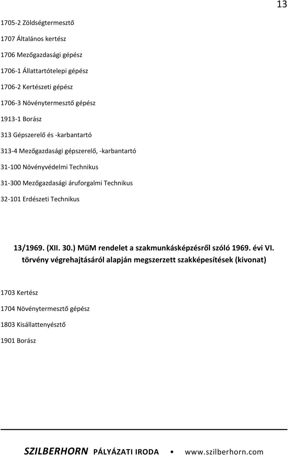 31-300 Mezőgazdasági áruforgalmi Technikus 32-101 Erdészeti Technikus 13/1969. (XII. 30.) MüM rendelet a szakmunkásképzésről szóló 1969. évi VI.