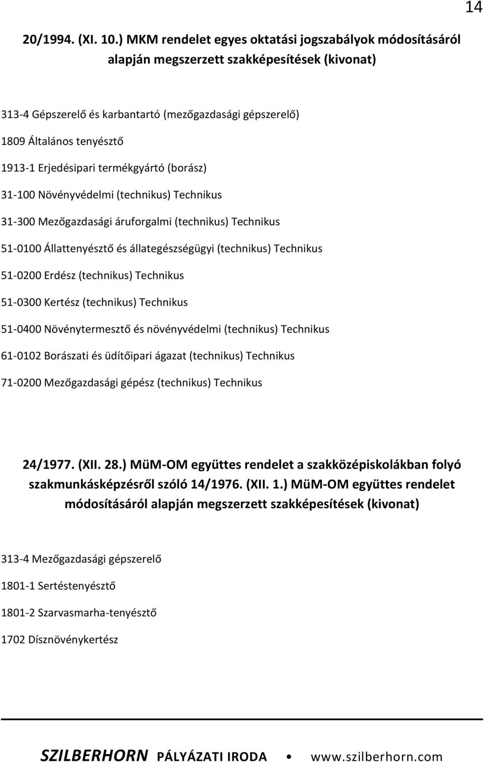 Erjedésipari termékgyártó (borász) 31-100 Növényvédelmi (technikus) Technikus 31-300 Mezőgazdasági áruforgalmi (technikus) Technikus 51-0100 Állattenyésztő és állategészségügyi (technikus) Technikus