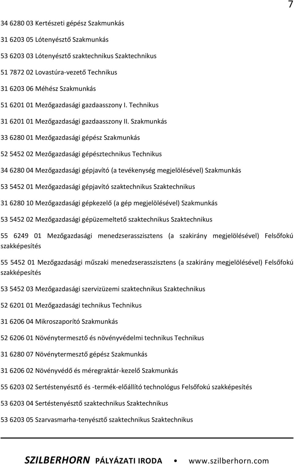 Szakmunkás 33 6280 01 Mezőgazdasági gépész Szakmunkás 52 5452 02 Mezőgazdasági gépésztechnikus Technikus 34 6280 04 Mezőgazdasági gépjavító (a tevékenység megjelölésével) Szakmunkás 53 5452 01