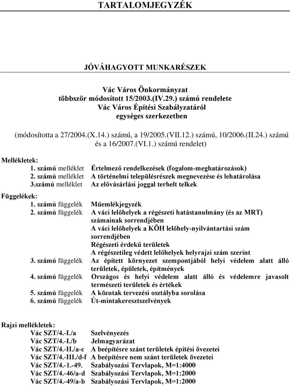 számú melléklet A történelmi településrészek megnevezése és lehatárolása 3.számú melléklet Az elővásárlási joggal terhelt telkek Függelékek: 1. számú függelék Műemlékjegyzék 2.