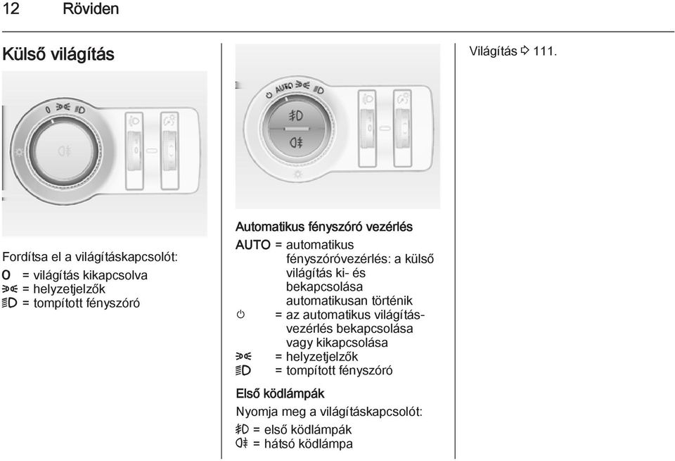 fényszóró vezérlés AUTO = automatikus fényszóróvezérlés: a külső világítás ki- és bekapcsolása automatikusan történik