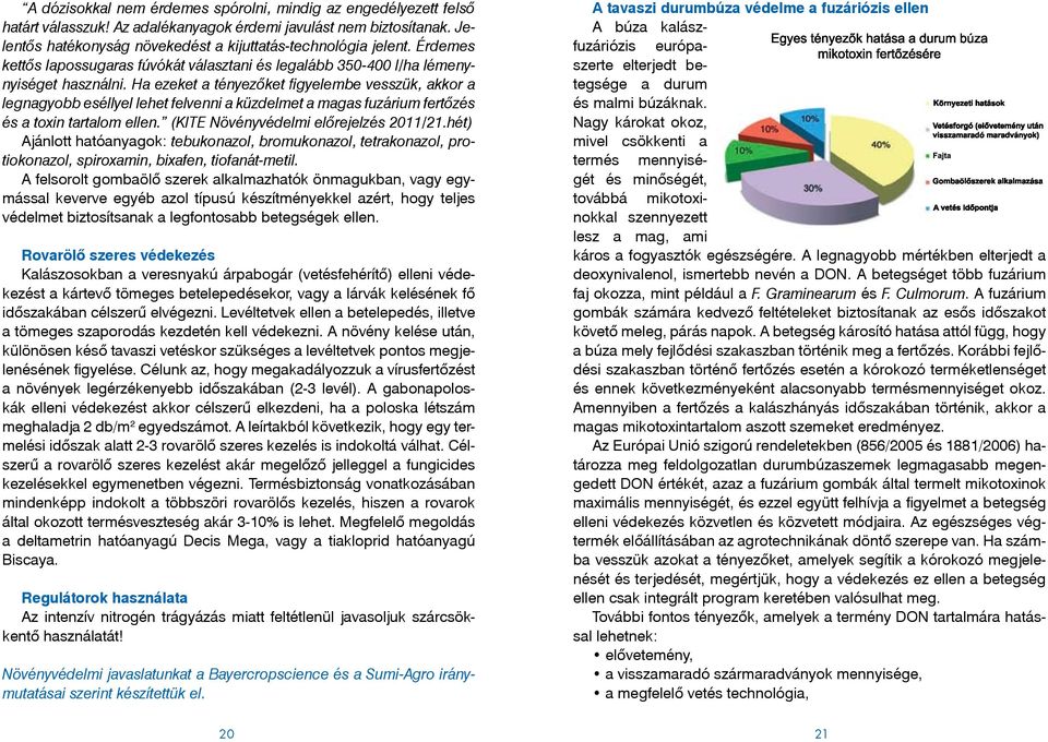 Ha ezeket a tényezőket figyelembe vesszük, akkor a legnagyobb eséllyel lehet felvenni a küzdelmet a magas fuzárium fertőzés és a toxin tartalom ellen. (KITE Növényvédelmi előrejelzés 2011/21.