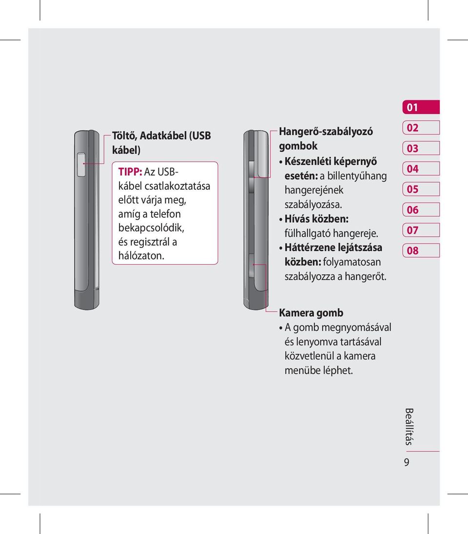 Hangerő-szabályozó gombok Készenléti képernyő esetén: a billentyűhang hangerejének szabályozása.