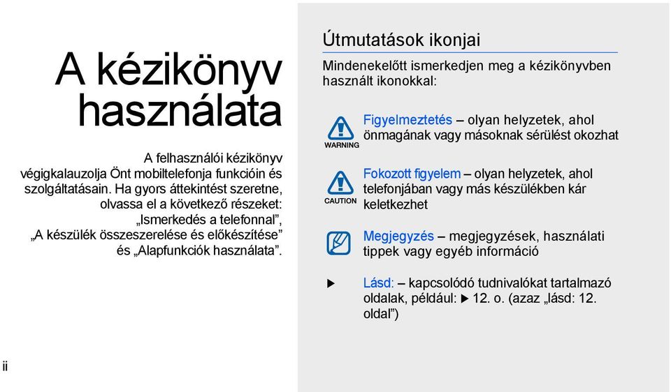 Útmutatások ikonjai Mindenekelőtt ismerkedjen meg a kézikönyvben használt ikonokkal: Figyelmeztetés olyan helyzetek, ahol önmagának vagy másoknak sérülést okozhat