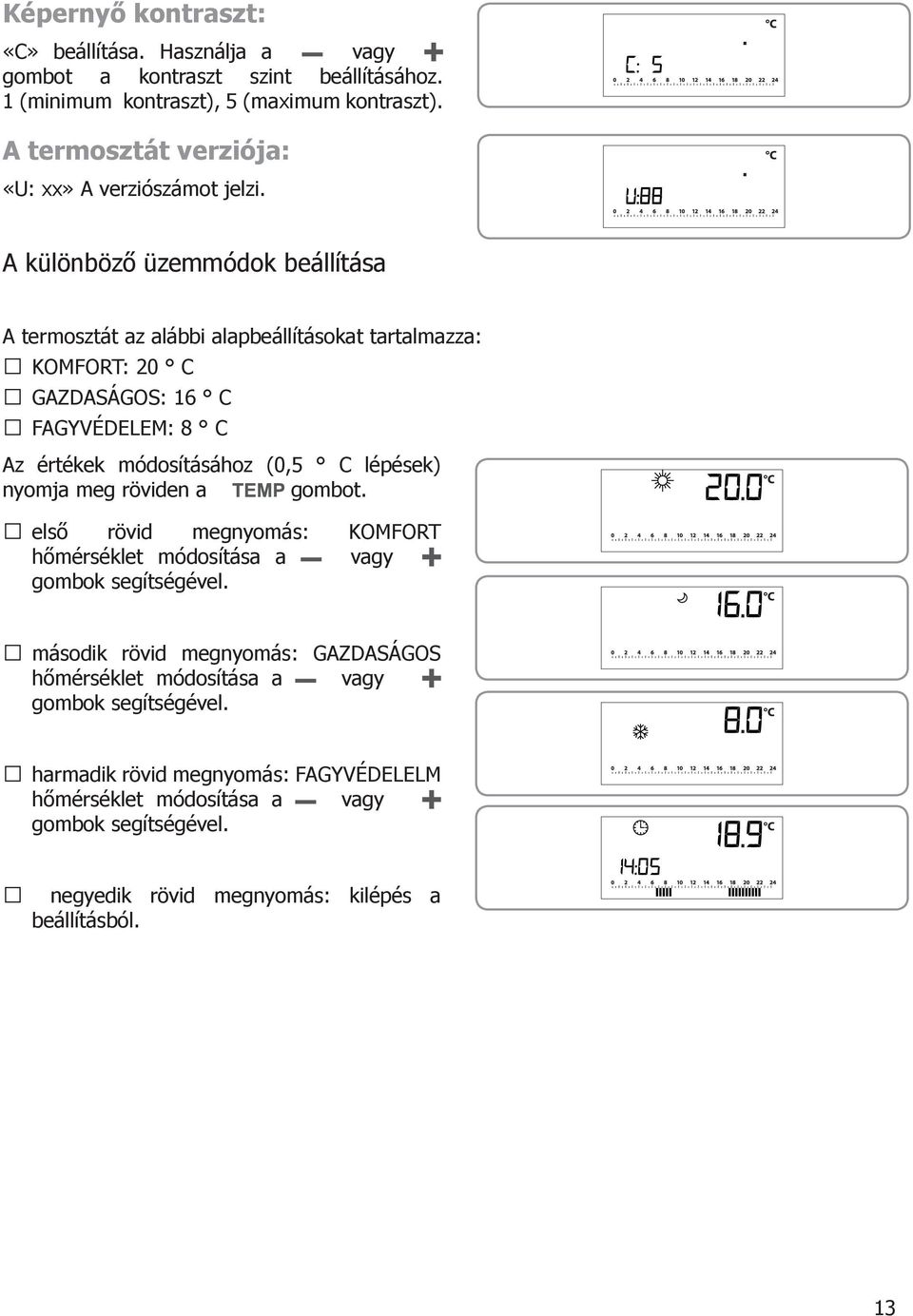 A különböző üzemmódok beállítása A termosztát az alábbi alapbeállításokat tartalmazza: KOMFORT: 20 C GAZDASÁGOS: 16 C FAGYVÉDEEM: 8 C Az értékek módosításához (0,5 C lépések)