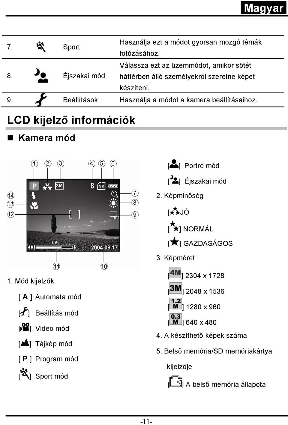 Beállítások Használja a módot a kamera beállításaihoz. LCD kijelző információk Kamera mód [ ] Portré mód [ ] Éjszakai mód 2.