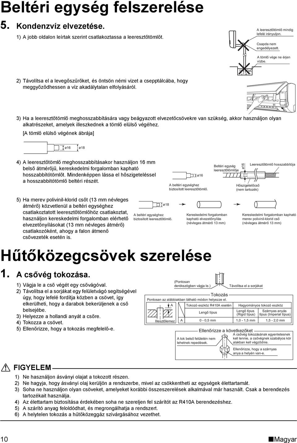 3) Ha a leeresztőtömlő meghosszabbítására vagy beágyazott elvezetőcsövekre van szükség, akkor használjon olyan alkatrészeket, amelyek illeszkednek a tömlő elülső végéhez.