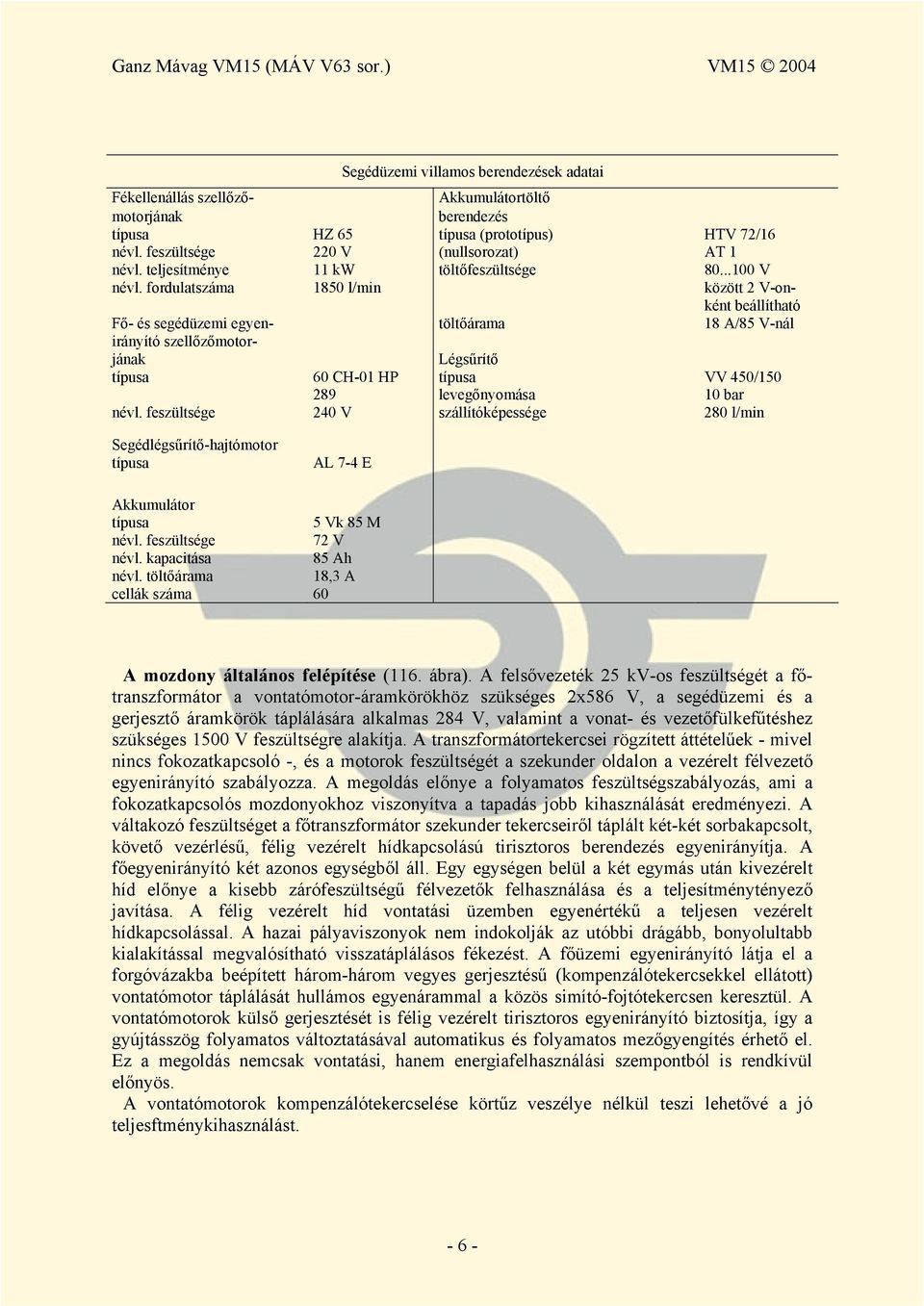 fordulatszáma 1850 l/min között 2 V-onként beállítható Fő- és segédüzemi egyen- töltőárama 18 A/85 V-nál irányító szellőzőmotorjának Légsűrítő típusa 60 CH-01 HP típusa VV 450/150 289 levegőnyomása