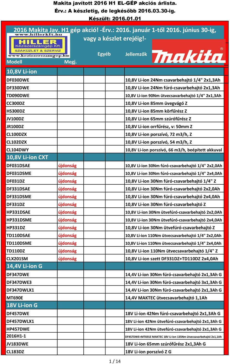 2016 Makita Jav. H1 gép akció! -Érv.: január 1-től június 30-ig, vagy a  készlet erejéig!- - PDF Free Download