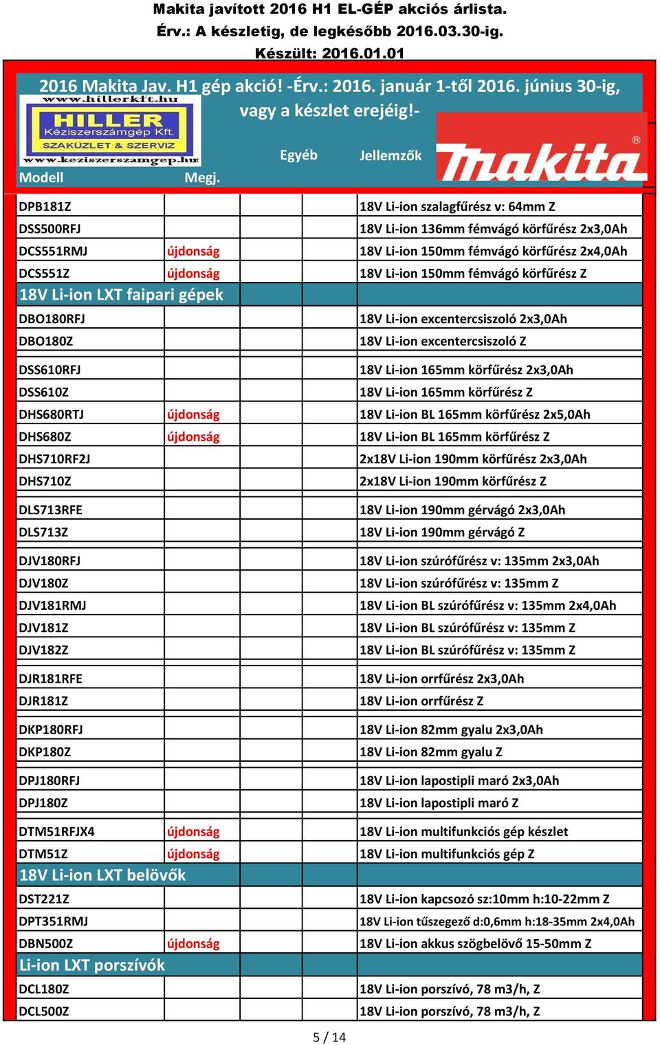 körfűrész Z DHS680RTJ újdonság 18V Li-ion BL 165mm körfűrész 2x5,0Ah DHS680Z újdonság 18V Li-ion BL 165mm körfűrész Z DHS710RF2J DHS710Z 2x18V Li-ion 190mm körfűrész 2x3,0Ah 2x18V Li-ion 190mm