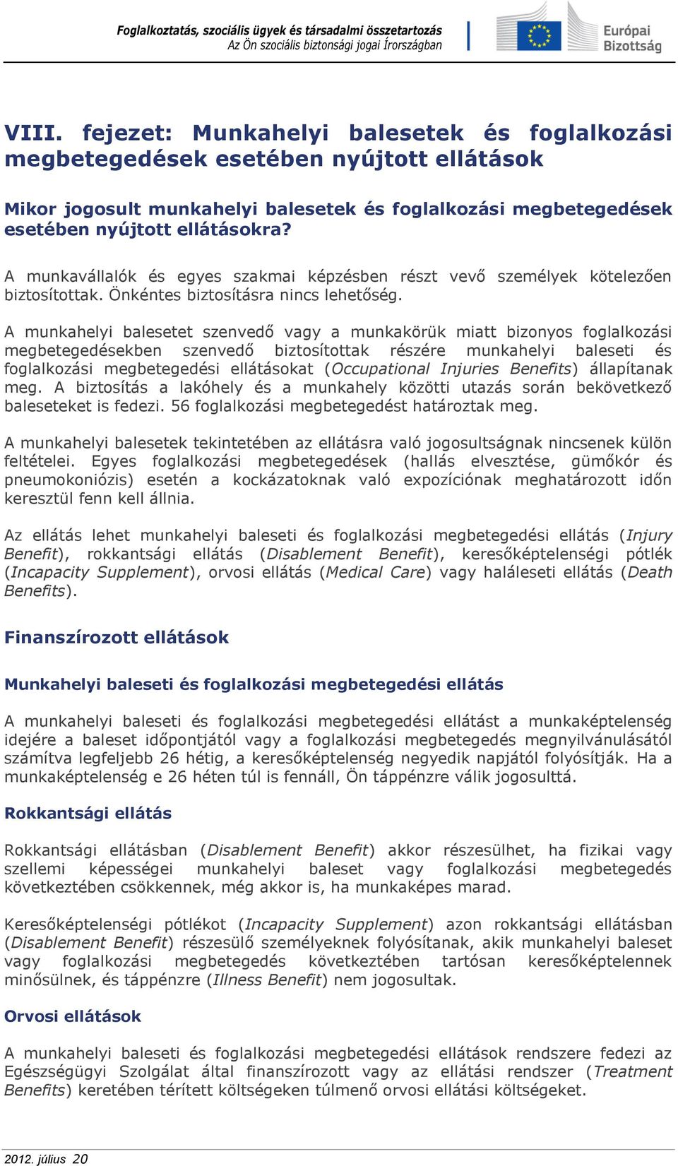 A munkahelyi balesetet szenvedő vagy a munkakörük miatt bizonyos foglalkozási megbetegedésekben szenvedő biztosítottak részére munkahelyi baleseti és foglalkozási megbetegedési ellátásokat