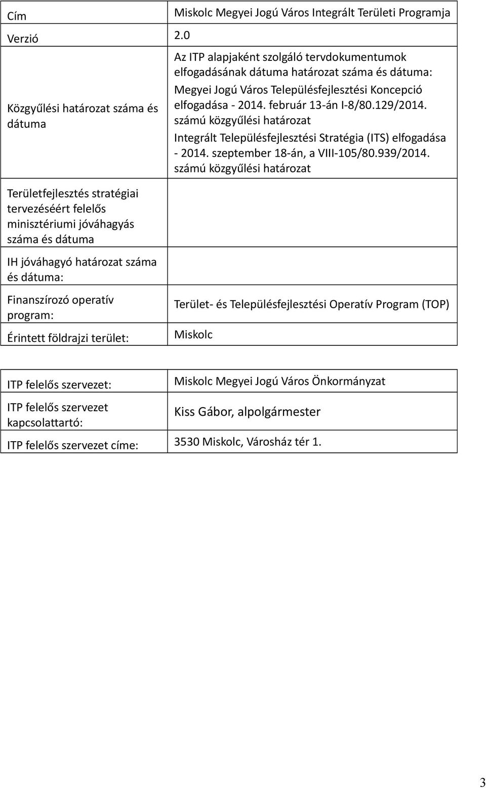 Integrált Területi Programja Az ITP alapjaként szolgáló tervdokumentumok elfogadásának dátuma határozat száma és dátuma: Megyei Jogú Város Településfejlesztési Koncepció elfogadása - 2014.