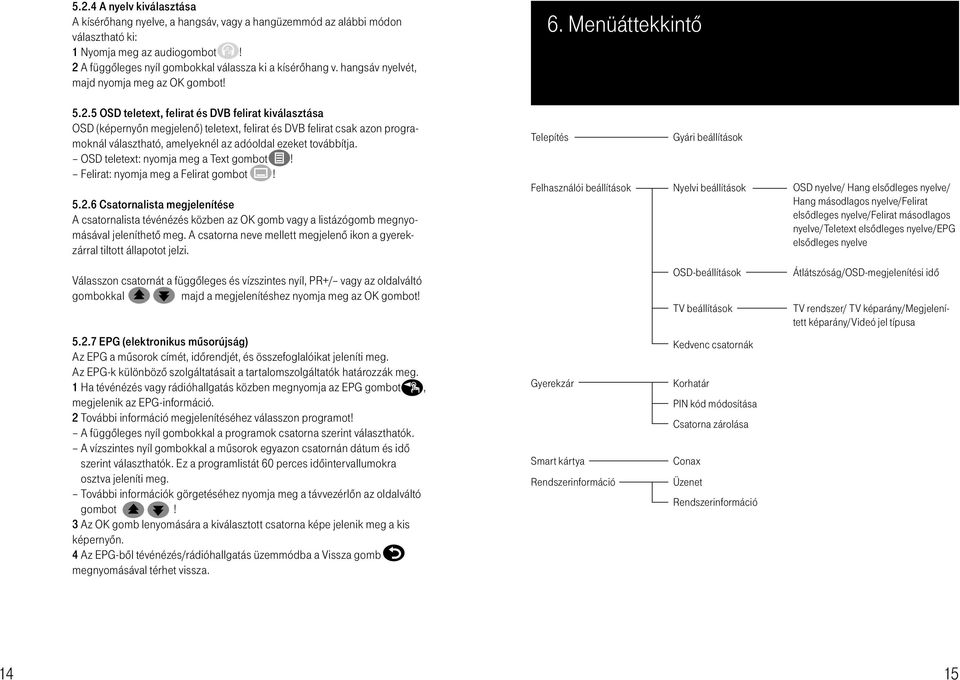 5 OSD teletext, felirat és DVB felirat kiválasztása OSD (képernyôn megjelenô) teletext, felirat és DVB felirat csak azon programoknál választható, amelyeknél az adóoldal ezeket továbbítja.