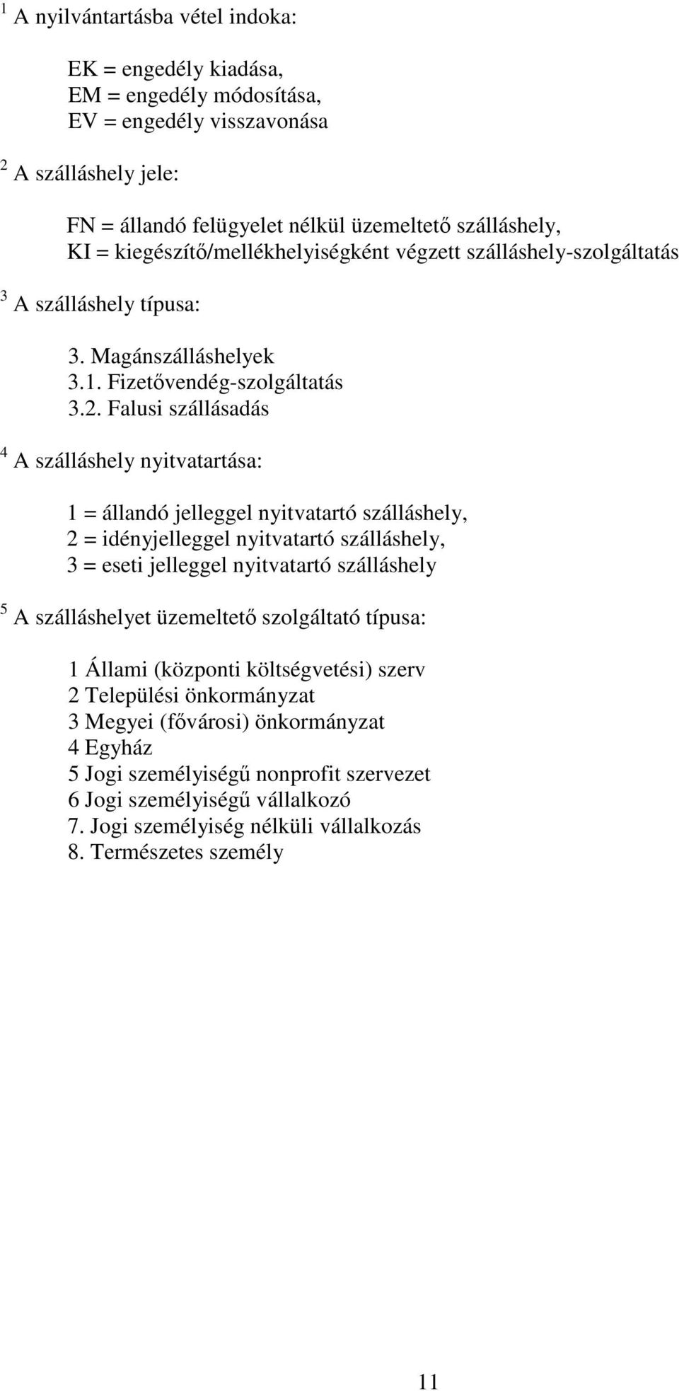 Falusi szállásadás 4 A szálláshely nyitvatartása: 1 = állandó jelleggel nyitvatartó szálláshely, 2 = idényjelleggel nyitvatartó szálláshely, 3 = eseti jelleggel nyitvatartó szálláshely 5 A