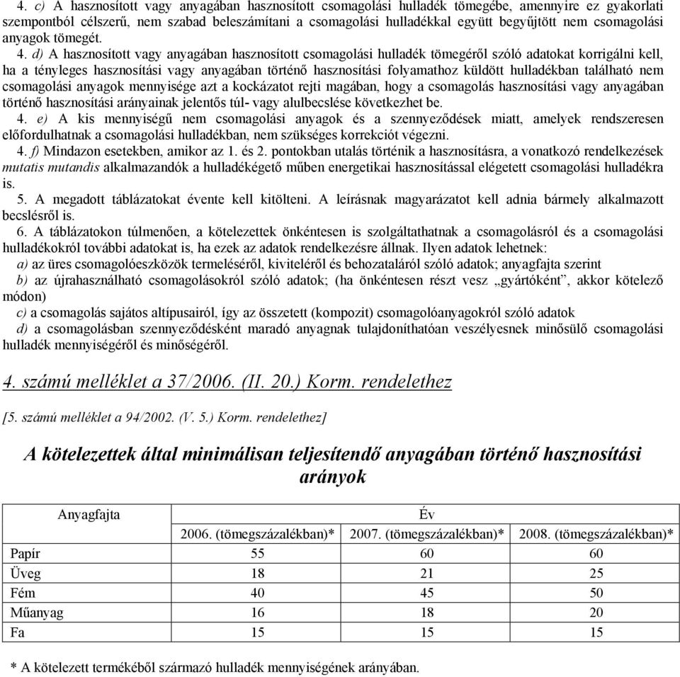 d) A hasznosított vagy anyagában hasznosított csomagolási hulladék tömegéről szóló adatokat korrigálni kell, ha a tényleges hasznosítási vagy anyagában történő hasznosítási folyamathoz küldött