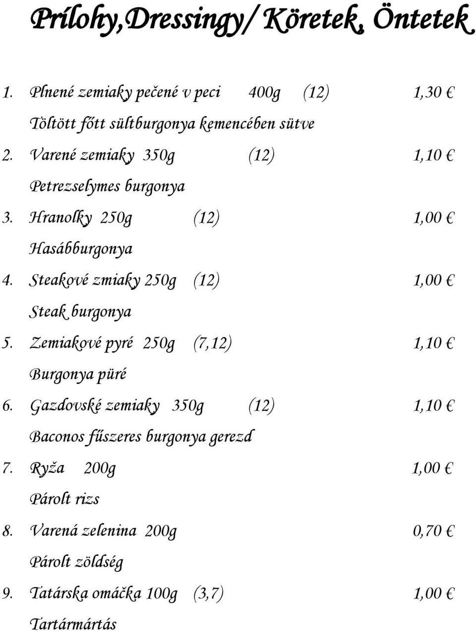 Steakové zmiaky 250g (12) 1,00 Steak burgonya 5. Zemiakové pyré 250g (7,12) 1,10 Burgonya püré 6.