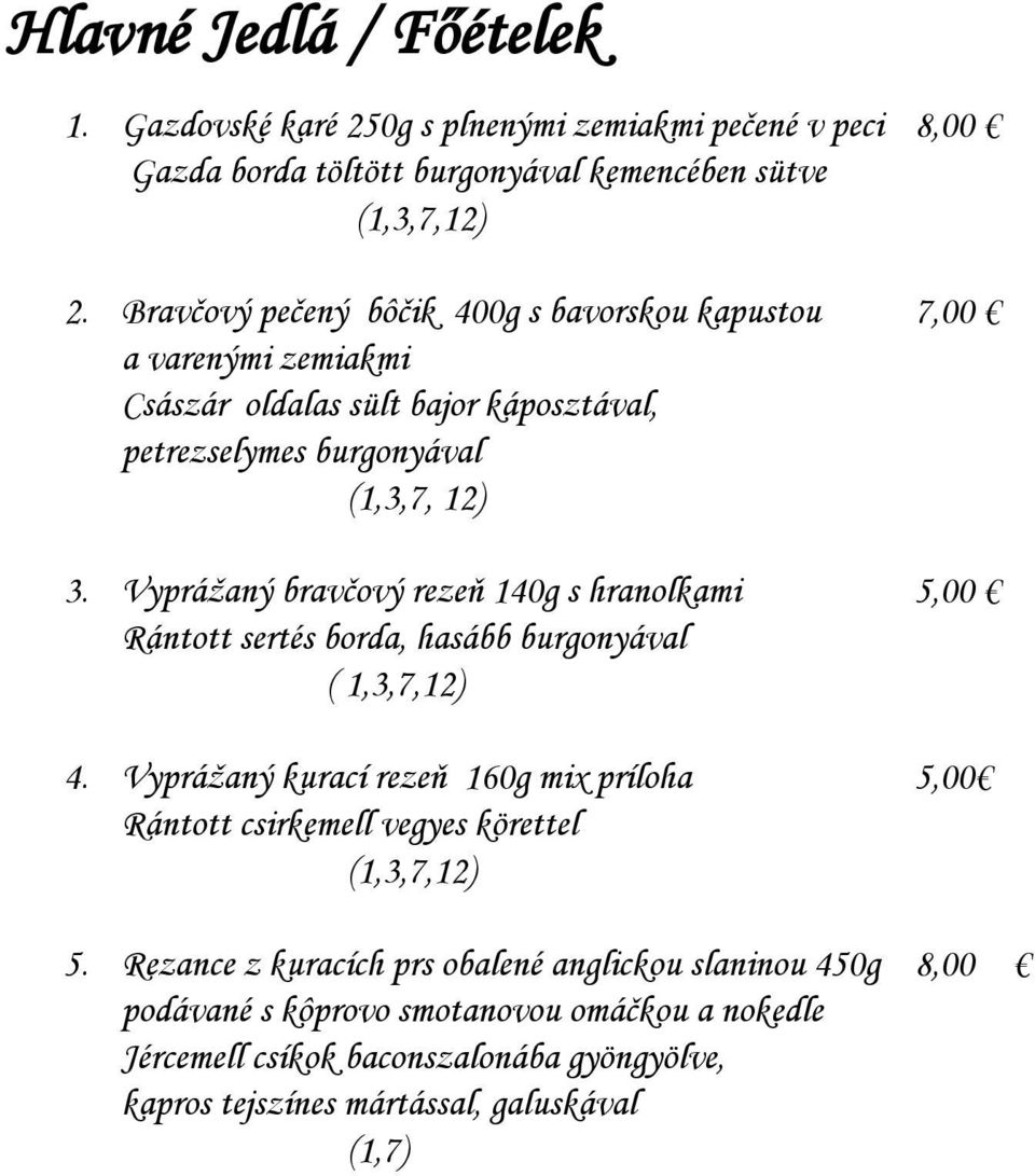 Vyprážaný bravčový rezeň 140g s hranolkami 5,00 Rántott sertés borda, hasább burgonyával ( 1,3,7,12) 4.